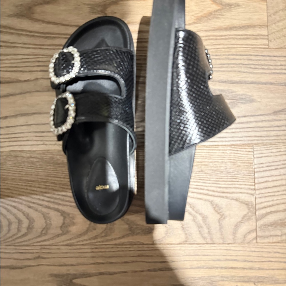 Maje Black Textured Slide Sandals